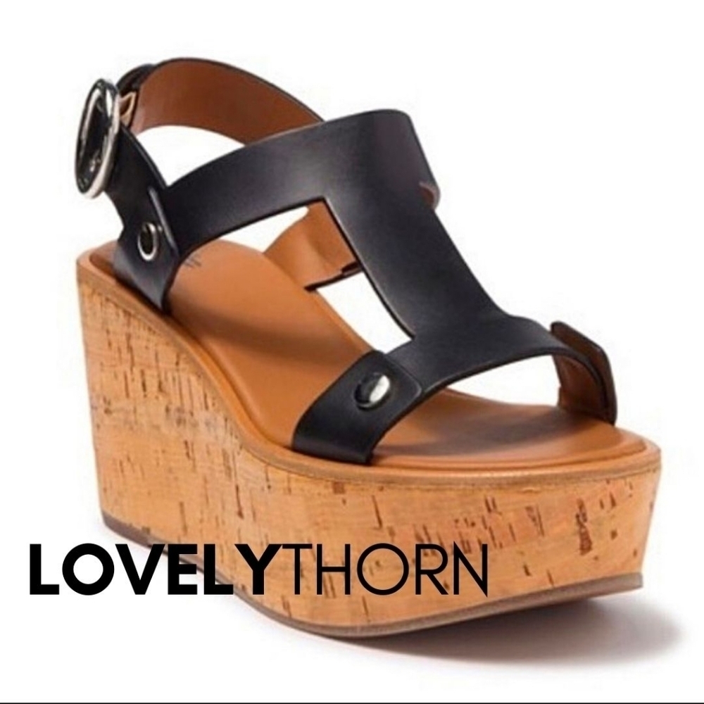 FRYE // dahlia black leather upper rivet detail platform cork wedge sandals